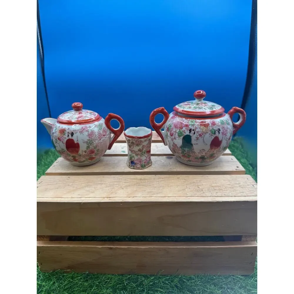 Vintage Kutani Porcelain Miniature Tea Set - Geisha/Garden Motif-3Piece Part Set